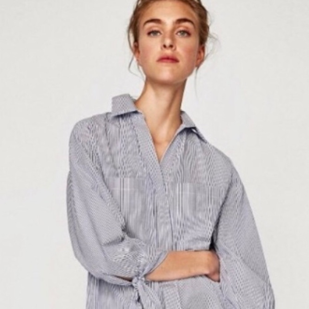 ZARA Oversized Pinstripe V-Neck Accent Tie Cuff Tunic